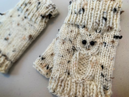 beige owl knitted fingerless gloves