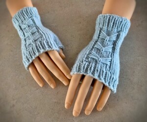 Blue bow fingerless mitts