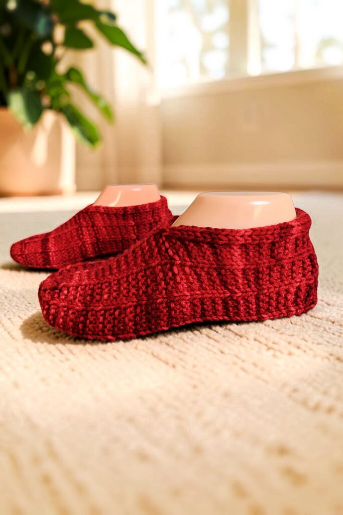 Hand knitted adult slippers made with straight needles using an easy knitting pattern