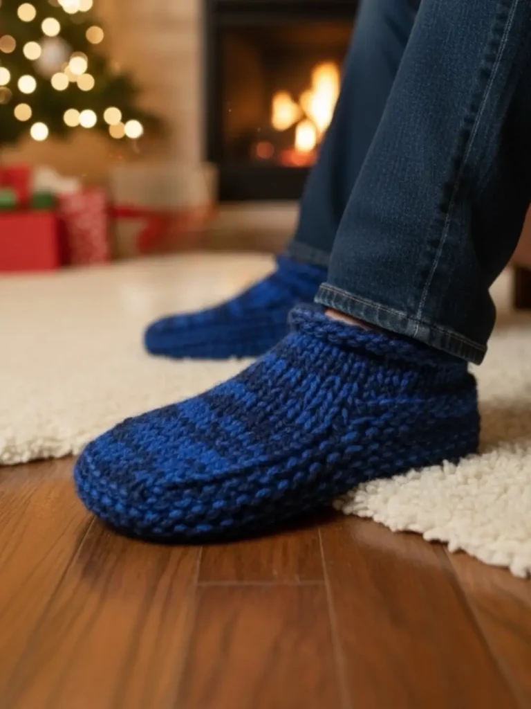 Double thick slippers knit flat on straight needles - free knitting pattern