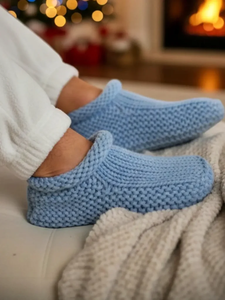 Double thick slippers knit flat on straight needles - free knitting pattern