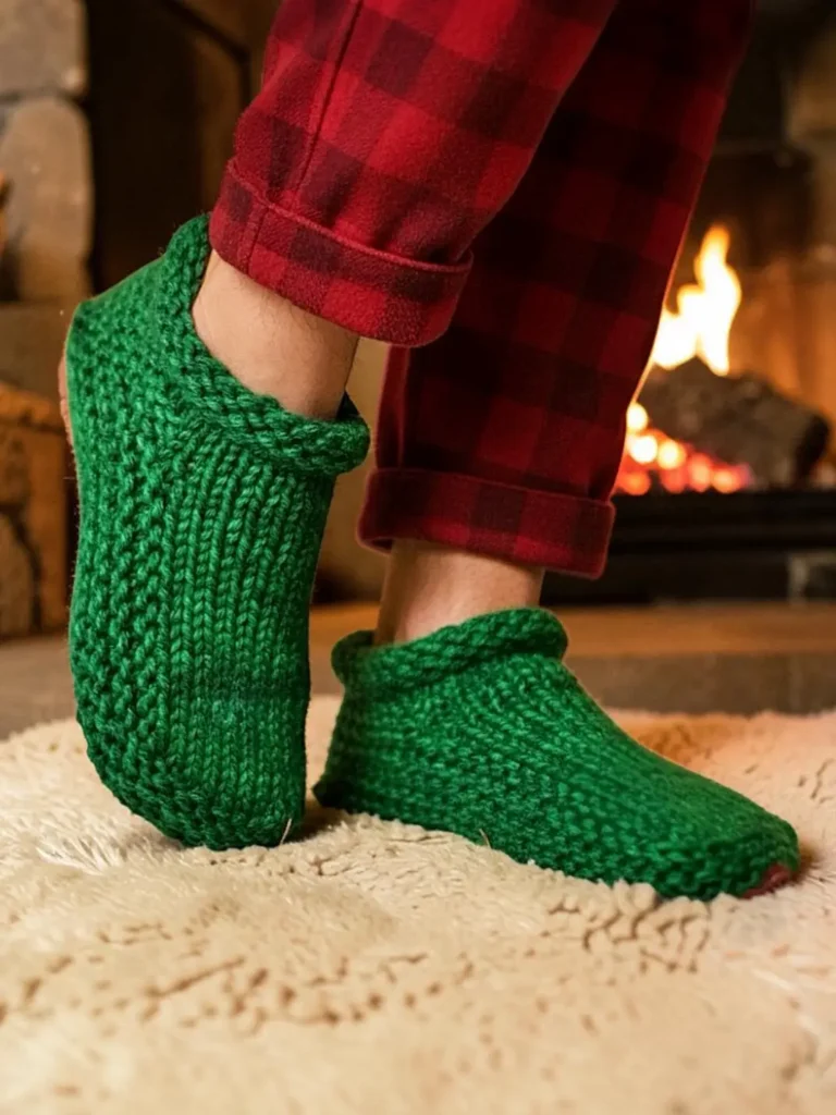 Double thick slippers knit flat on straight needles - free knitting pattern