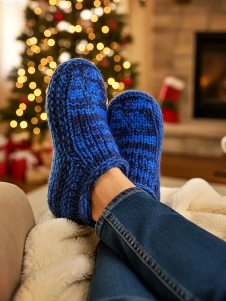 Double thick slippers knit flat on straight needles - free knitting pattern