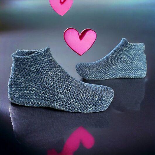 Hand knit slippers for men and women - blue