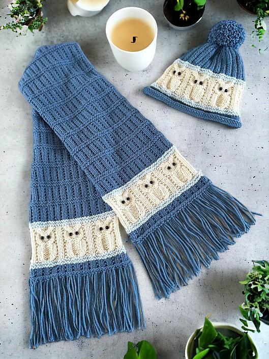 Knitted scarf with owls - free knitting pattern