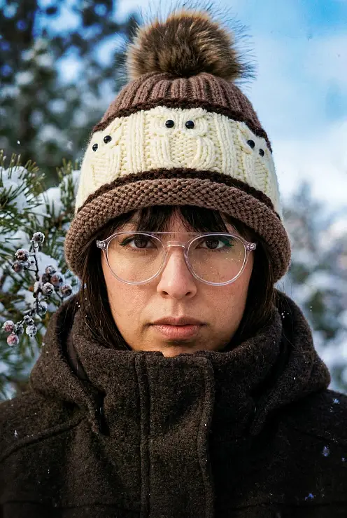 Knit flat owl bobble beanie hat - free knitting pattern