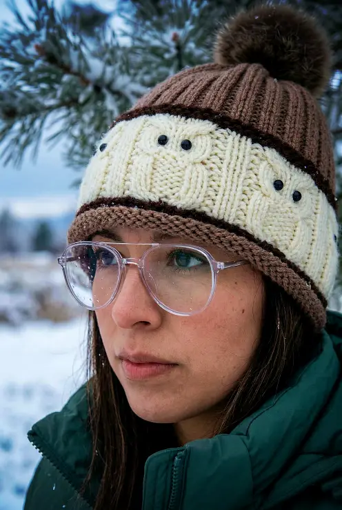 Knit flat owl bobble beanie hat - free knitting pattern