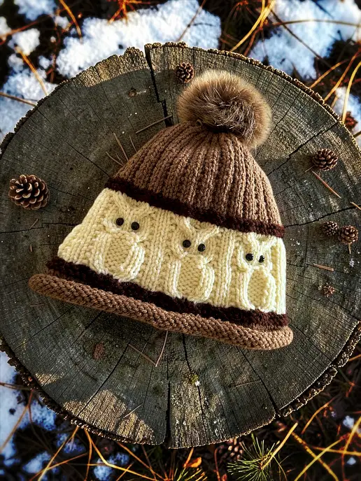 Knit flat owl bobble beanie hat - free knitting pattern
