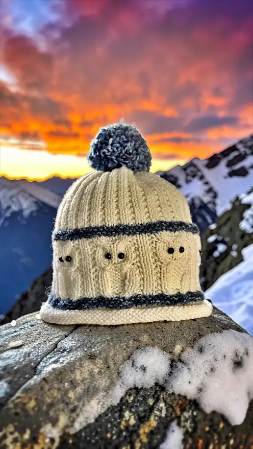 Knit flat owl bobble beanie hat - free knitting pattern