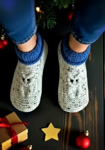 Close-up of knitted owl-themed slippers for adults with a ribbed cuff, free knitting pattern.