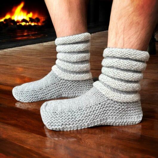 Flat Knit Slippers with a Puffy Cuff - Grey