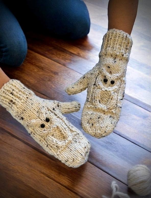 Knitted Owl Mittens - knit flat easy quick knitting pattern