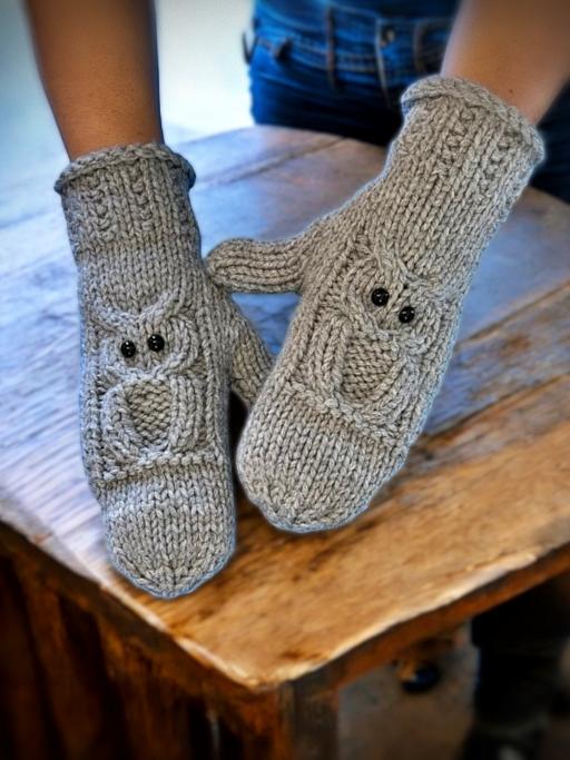 Knitted Owl Mittens - knit flat easy quick knitting pattern