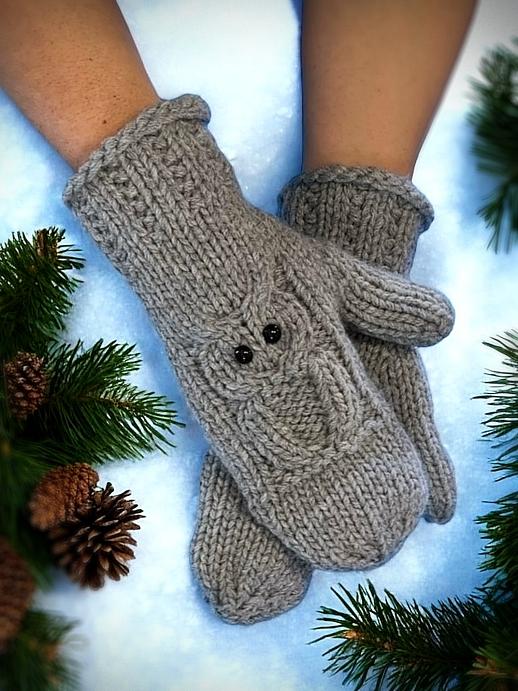 Knitted Owl Mitts - knit flat easy quick knitting pattern