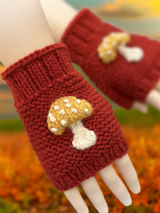 Mushroom fingerless glove knitting pattern sample