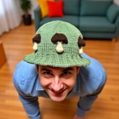 Knitted bucket hat with toadstool mushrooms around the brim