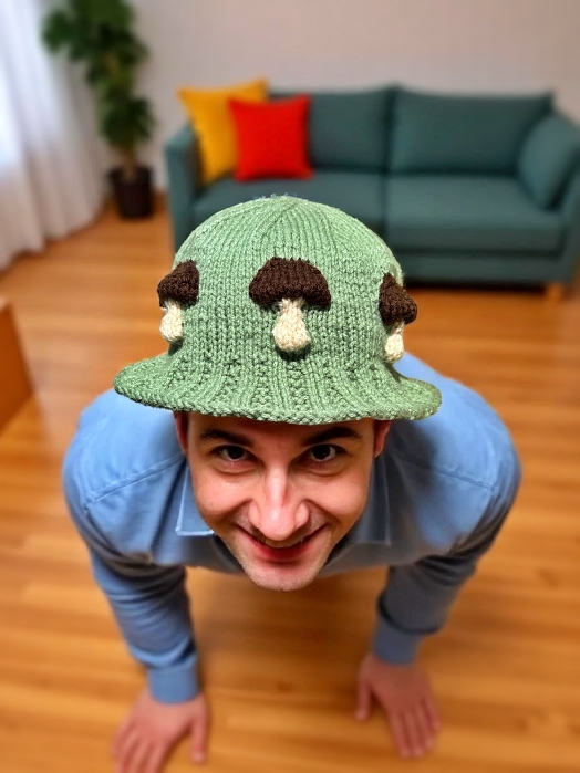 Knitted bucket hat with toadstool mushrooms around the brim