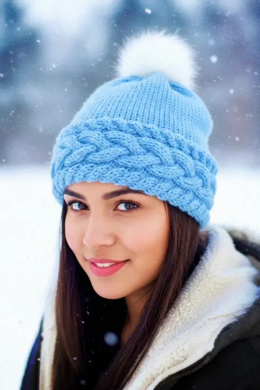 Hand knit cable beanie worn outdoors from free knitting pattern