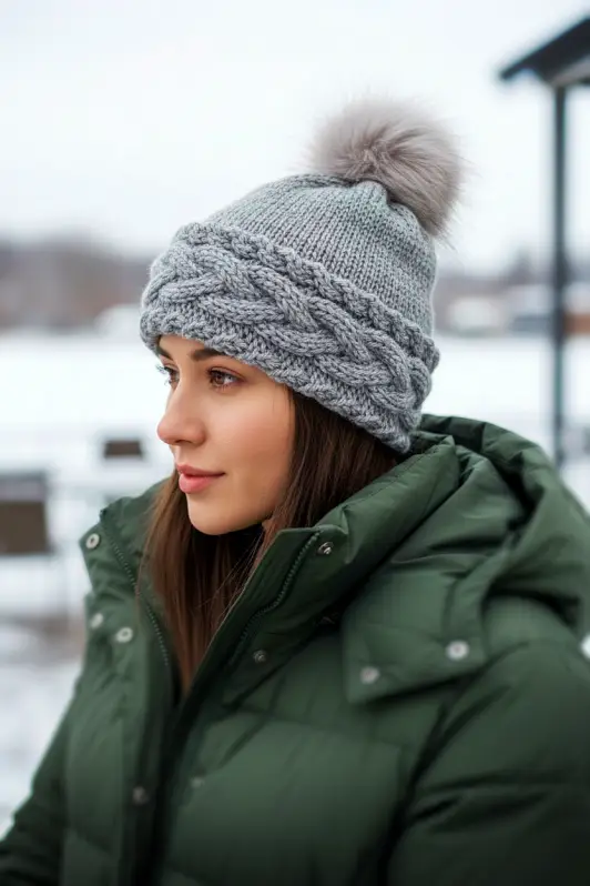 Person wearing warm cable knit beanie with folded brim free knitting pattern