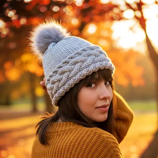 Hand knit cable beanie worn outdoors from free knitting pattern