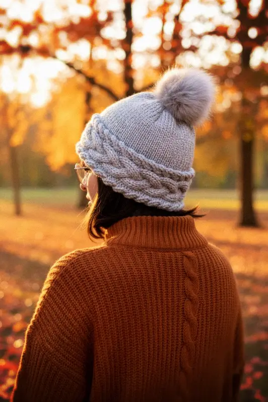 Cozy cable bobble beanie free knitting pattern finished hat laid flat with double brim