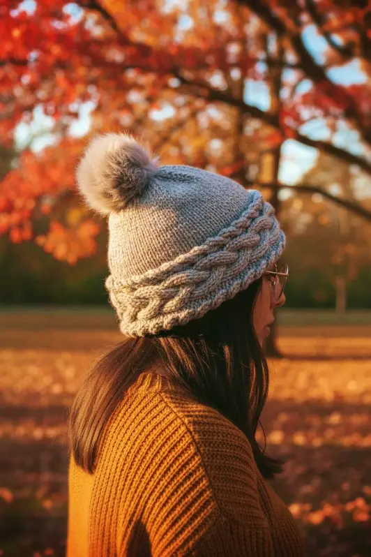 Person wearing cozy cable bobble beanie from free knitting pattern with double brim