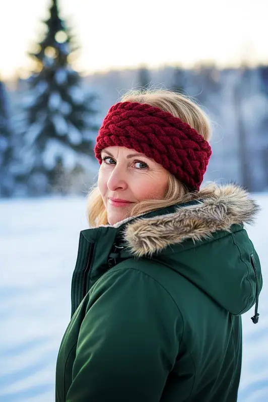 Free cable knit headband pattern worn by adult in winter