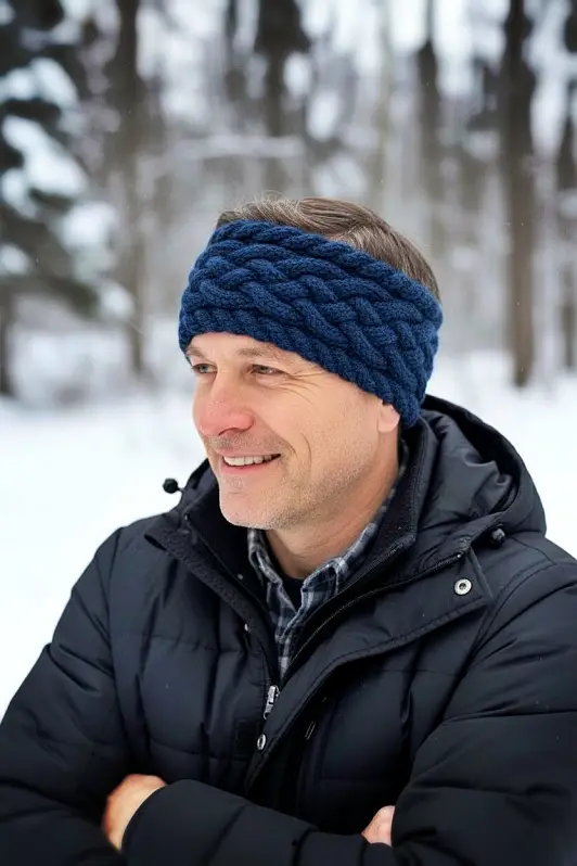 Sturdy cable ear warmer headband free knitting pattern worn outdoors