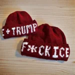 Hand-knit protest beanie with colorwork lettering that reads ‘F*ck ICE + Trump.’ Free knitting pattern.