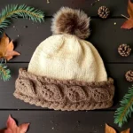 Autumn leaf bobble beanie free knitting pattern lay flat view
