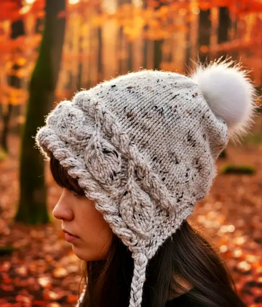Slouchy knit hat with leaf design worn for a relaxed fit look