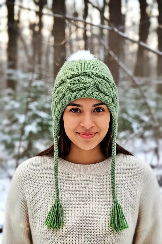 Model wearing slouchy knit hat with leaf-textured pattern