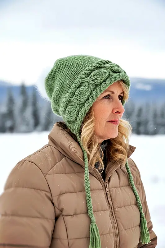 Completed knitted slouch hat featuring subtle leaf stitch design