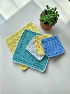 Easy textured knit coaster pattern using crossed stitches for beginners with step by step design