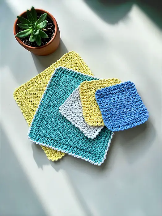 Beginner friendly knit dishcloth and coaster set pattern flat knitting with detailed edging finish