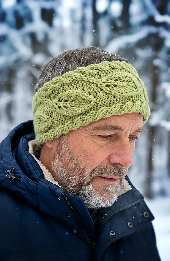 Hand knit leaf headband ear warmer free knitting pattern knit flat on straight needles with textured autumn leaf motif