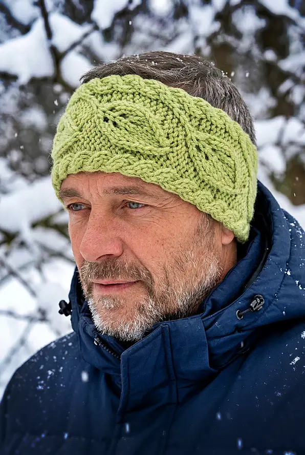 Cozy knit flat headband with leaf design free knitting pattern ear warmer made on straight needles