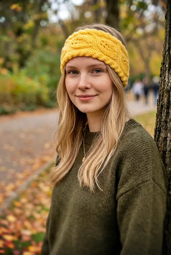 Woman wearing knit leaf headband ear warmer free pattern cozy winter accessory knit flat on straight needles
