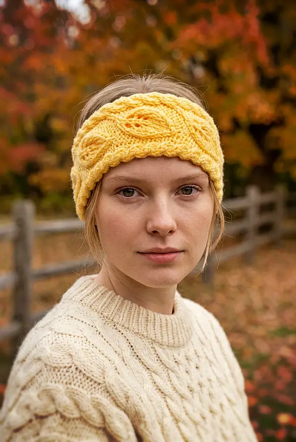 Stylish autumn leaf knit headband worn as ear warmer handmade using flat knitting pattern