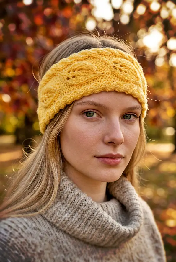 Woman wearing knit leaf headband ear warmer free pattern cozy winter accessory knit flat on straight needles
