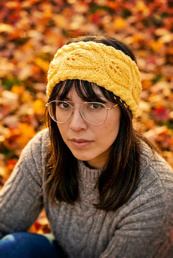 Stylish autumn leaf knit headband worn as ear warmer handmade using flat knitting pattern