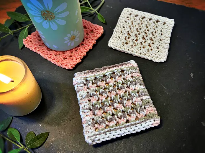 Beginner friendly knit dishcloth free pattern simple textured dishcloth flat lay handmade kitchen cloth
