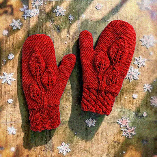 Free knitting pattern leaf mittens three leaf design on back