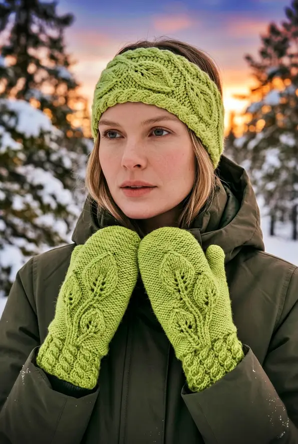 Woman wearing cozy leaf mittens knit flat on straight needles in a textured design