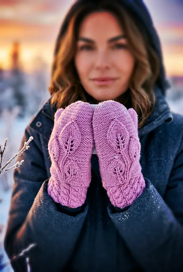 Model wearing handmade leaf mittens knit flat, perfect for fall and winter