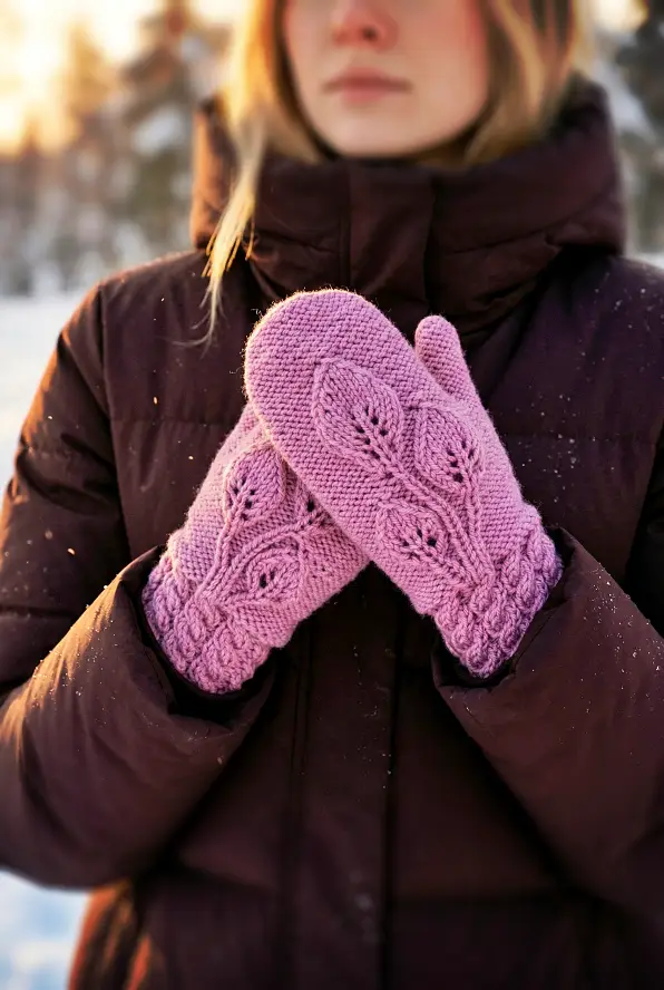 Close-up of hands wearing knitted mittens with a raised leaf pattern