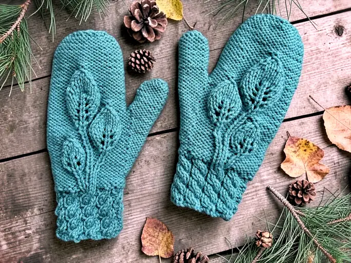 Hand knit leaf mittens with cable cuff knit flat pattern
