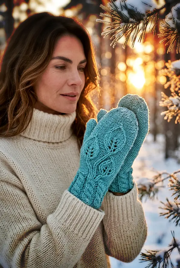 Leaf mittens knit flat pattern cable cuff and leaf motif detail