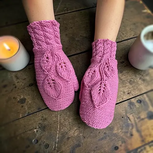 Knitted leaf mittens finished project cozy winter gloves on hands