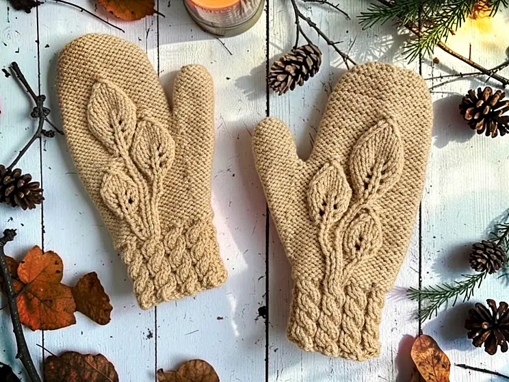 Free Knitting Pattern for Leaf Mittens on Straight Needles 